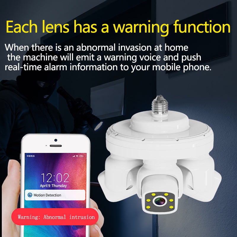 E27 3-Screen Lens 3-Pan-Tilt Rotation Security Camera, 360° No Blind Spot, Home Outdoor Use, IP66 Waterproof Rating,4G/5G Wi-Fi Network, Remote Viewing via Smartphone